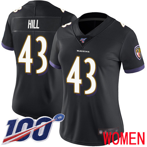 Baltimore Ravens Limited Black Women Justice Hill Alternate Jersey NFL Football #43 100th Season Vapor Untouchable->women nfl jersey->Women Jersey